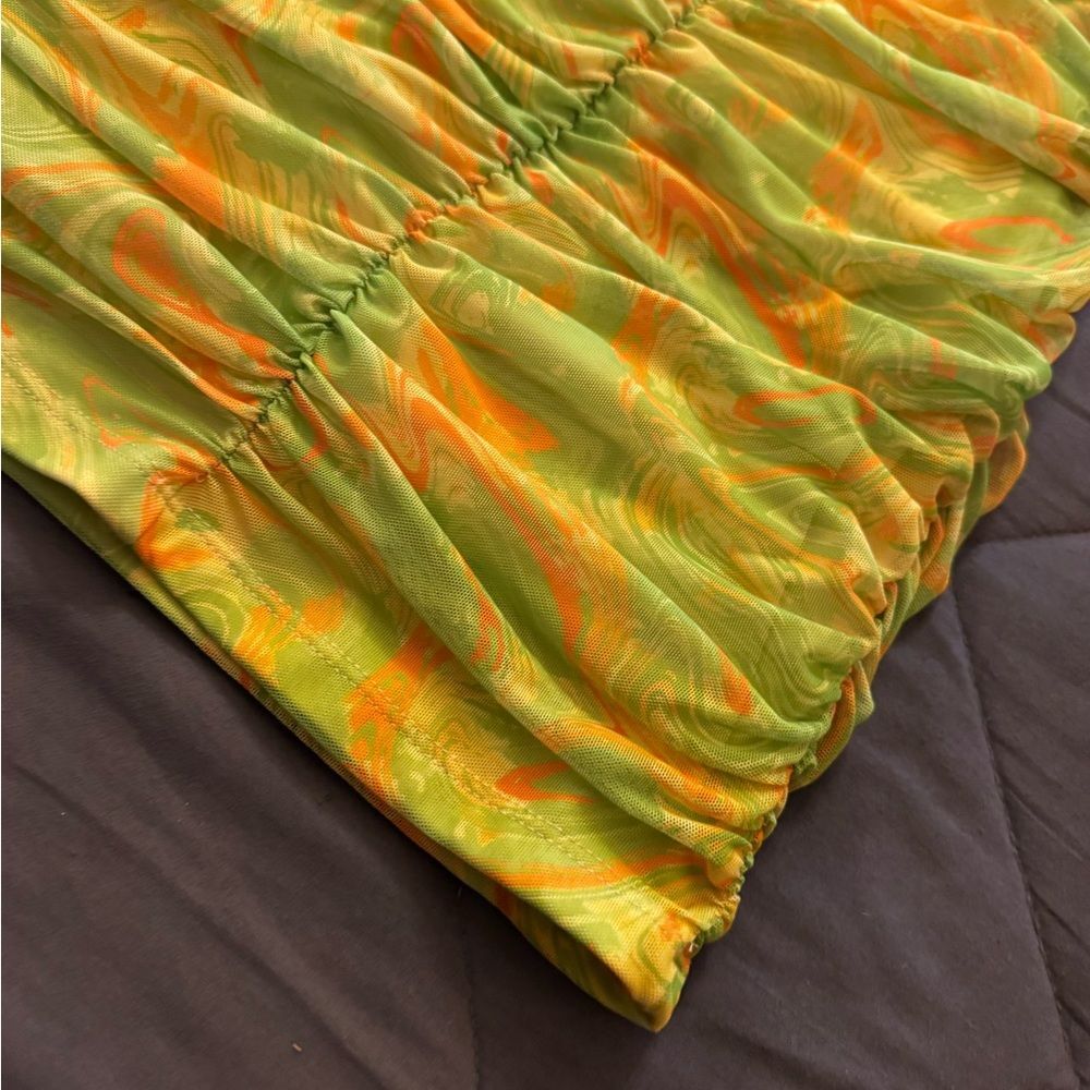Vibrant Green and Orange Ruched Dress Allover Print Lace Up Backless - Picture 7 of 13